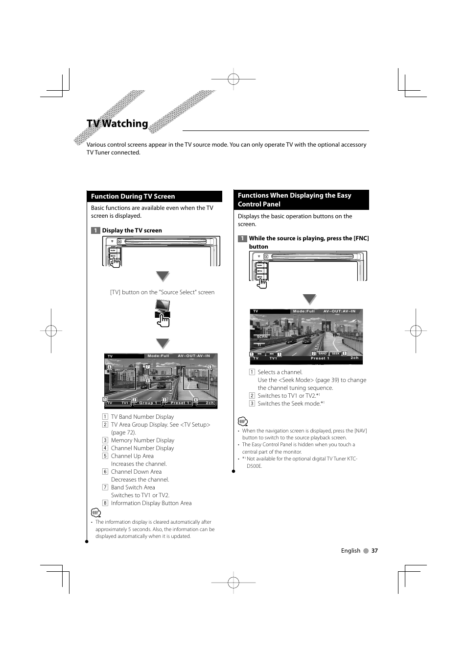 Tv watching, Function during tv screen, Functions when displaying the easy control panel | Kenwood DDX5022Y User Manual | Page 37 / 96