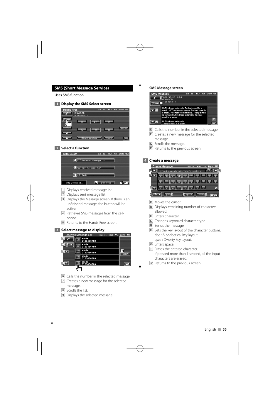 Sms (short message service) | Kenwood DDX5022Y User Manual | Page 55 / 96