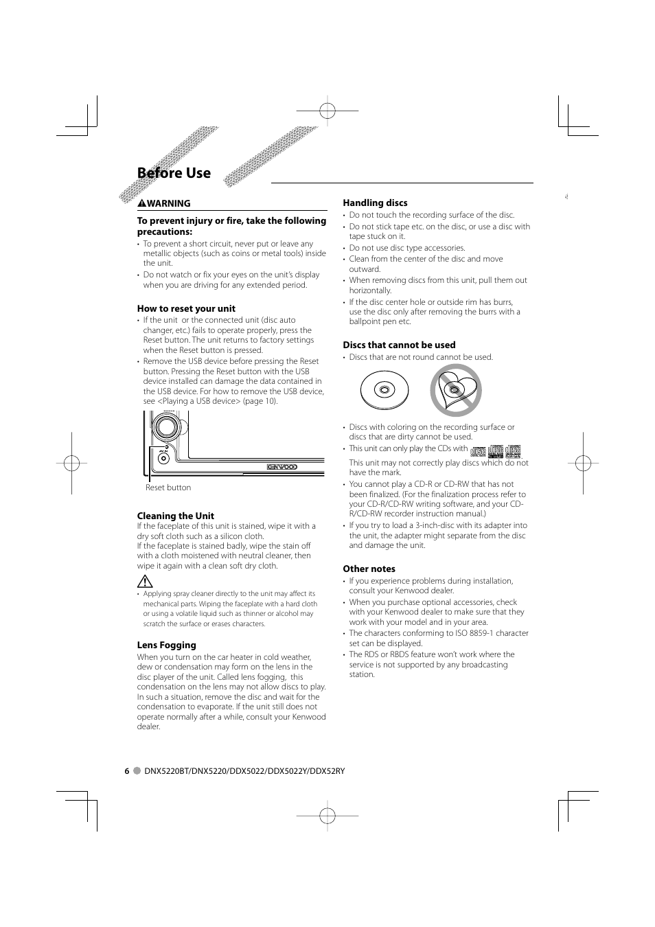 Before use | Kenwood DDX5022Y User Manual | Page 6 / 96