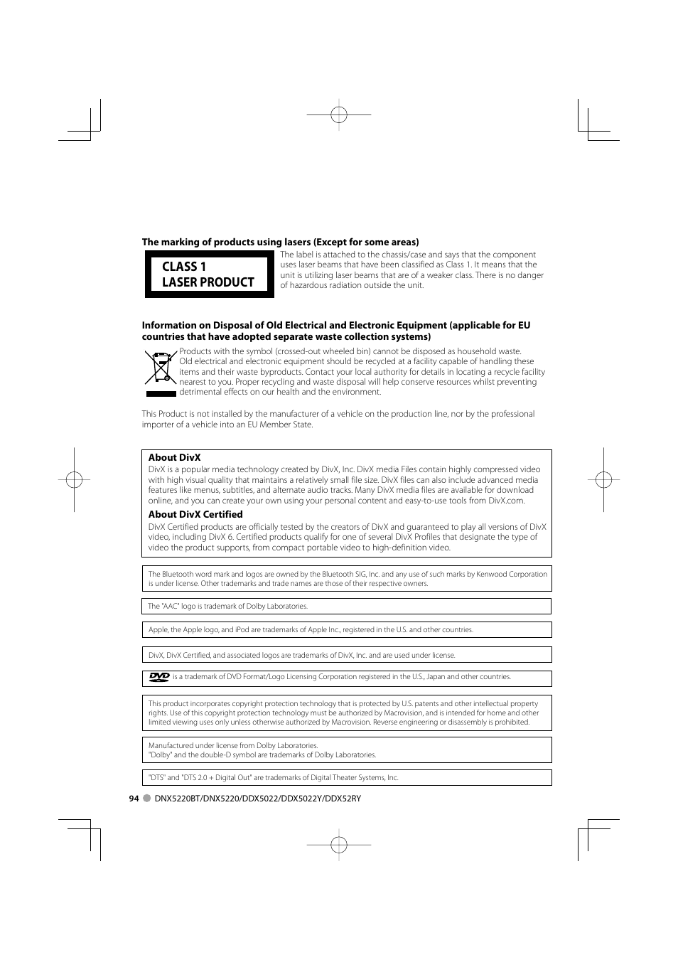 Class 1 laser product | Kenwood DDX5022Y User Manual | Page 94 / 96