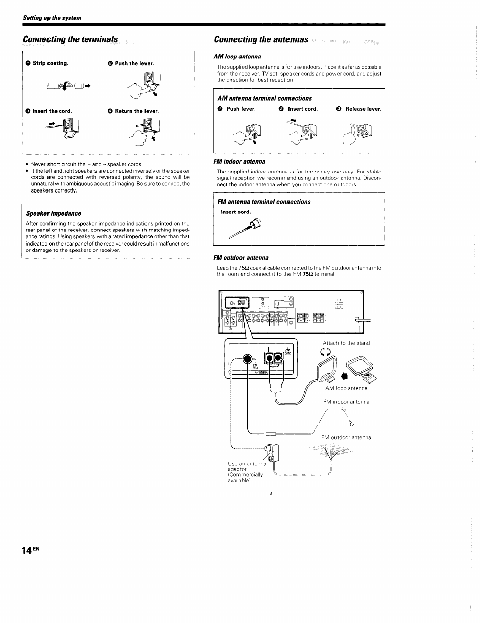 Speaker impedance, Connecting the antennas, Am loop antenna | Fm indoor antenna, Fm antenna terminal connections, Insert cord, Fm outdoor antenna, Connecting the terminals | Kenwood KRF-V5560D User Manual | Page 14 / 40