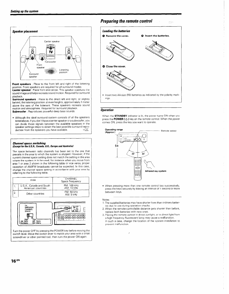 Preparing the remote control, Speaker placement, Channel space switching | Operation | Kenwood KRF-V5560D User Manual | Page 16 / 40