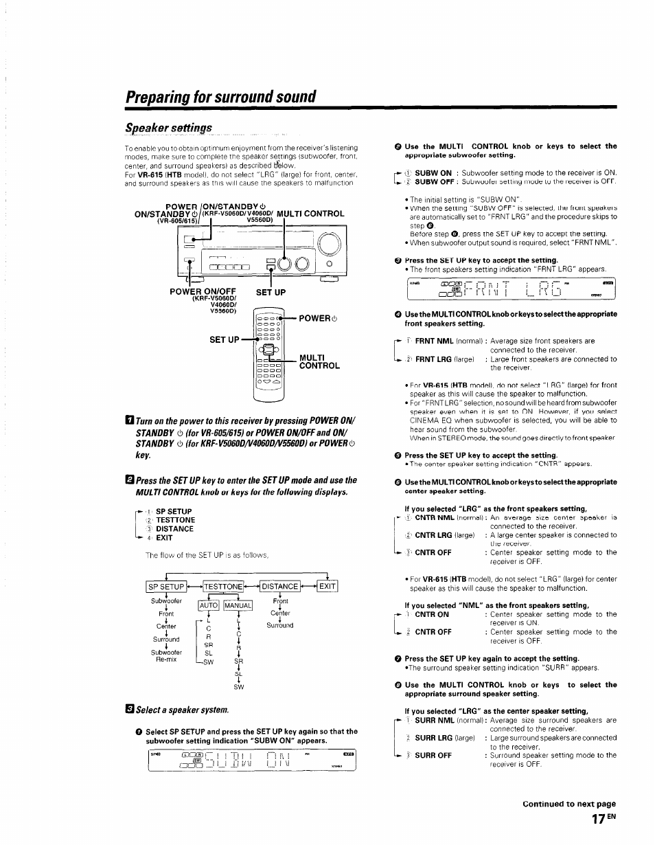 Preparing for surround sound, 1 sp setup, Press the set up key to accept the setting | Press the set up key again to accept the setting, To select the, 17 en, Speaker settings | Kenwood KRF-V5560D User Manual | Page 17 / 40