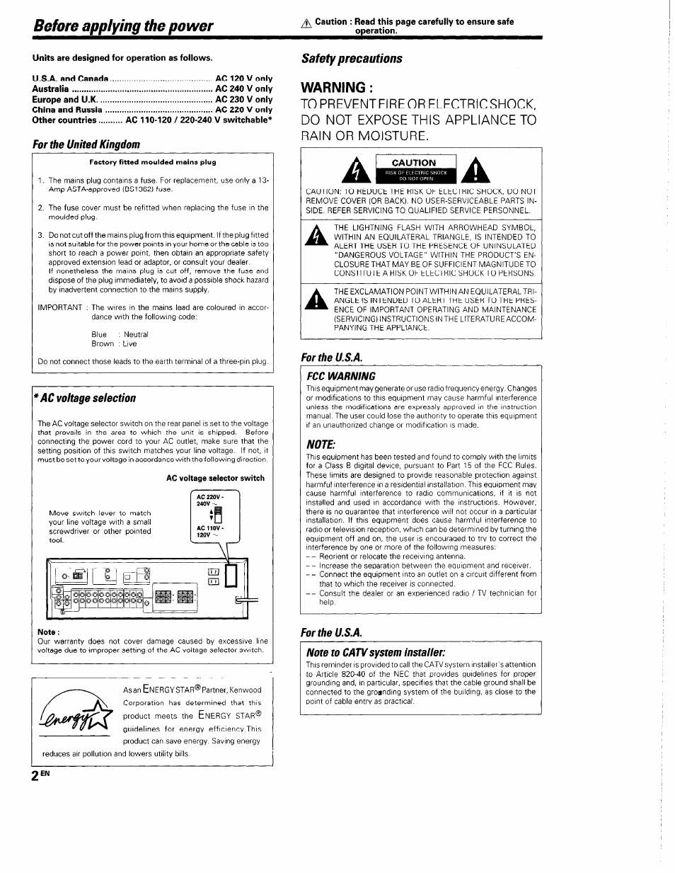 Before applying the power, For the united kingdom, Factory fitted moulded mains plug | Ac voltage selection, Ac voltage selector switch, Note, Safety precautions warning, Caution, Fortheu.s.a, Fcc warning | Kenwood KRF-V5560D User Manual | Page 2 / 40