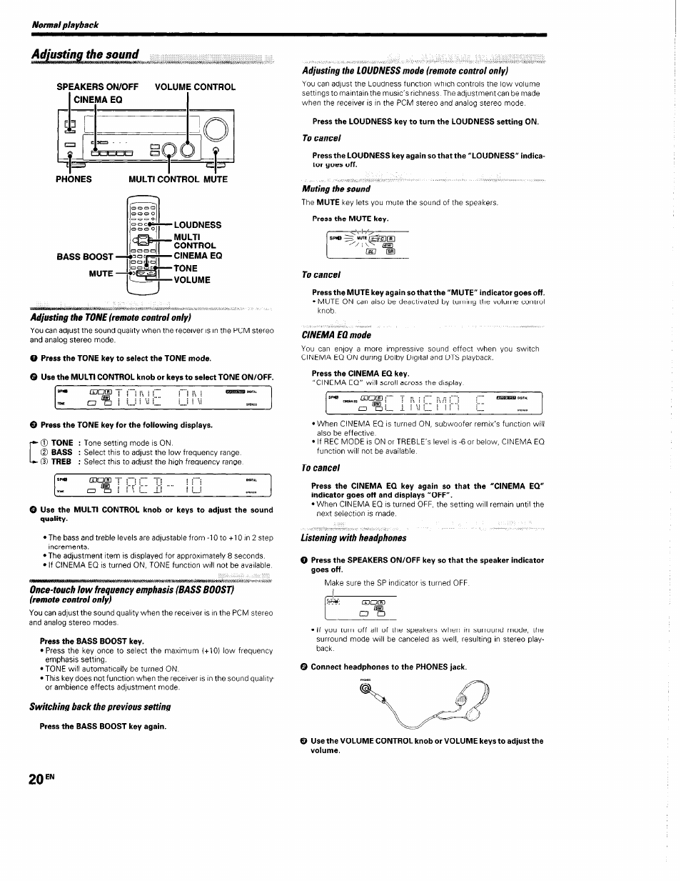 Normal playback, Speakers on/off volume control, Bass boost- mute | Loudness, Multi, Control, Cinema eq, Tone, Volume, Adjusting the tone (remote control only | Kenwood KRF-V5560D User Manual | Page 20 / 40