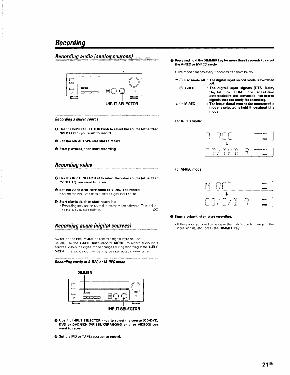 Recording, Recording a music source, Recording video | Recording music in a-rec or m-rec mode, Input selector, Recording audio (analog murces), Recording audio (digital sources) | Kenwood KRF-V5560D User Manual | Page 21 / 40