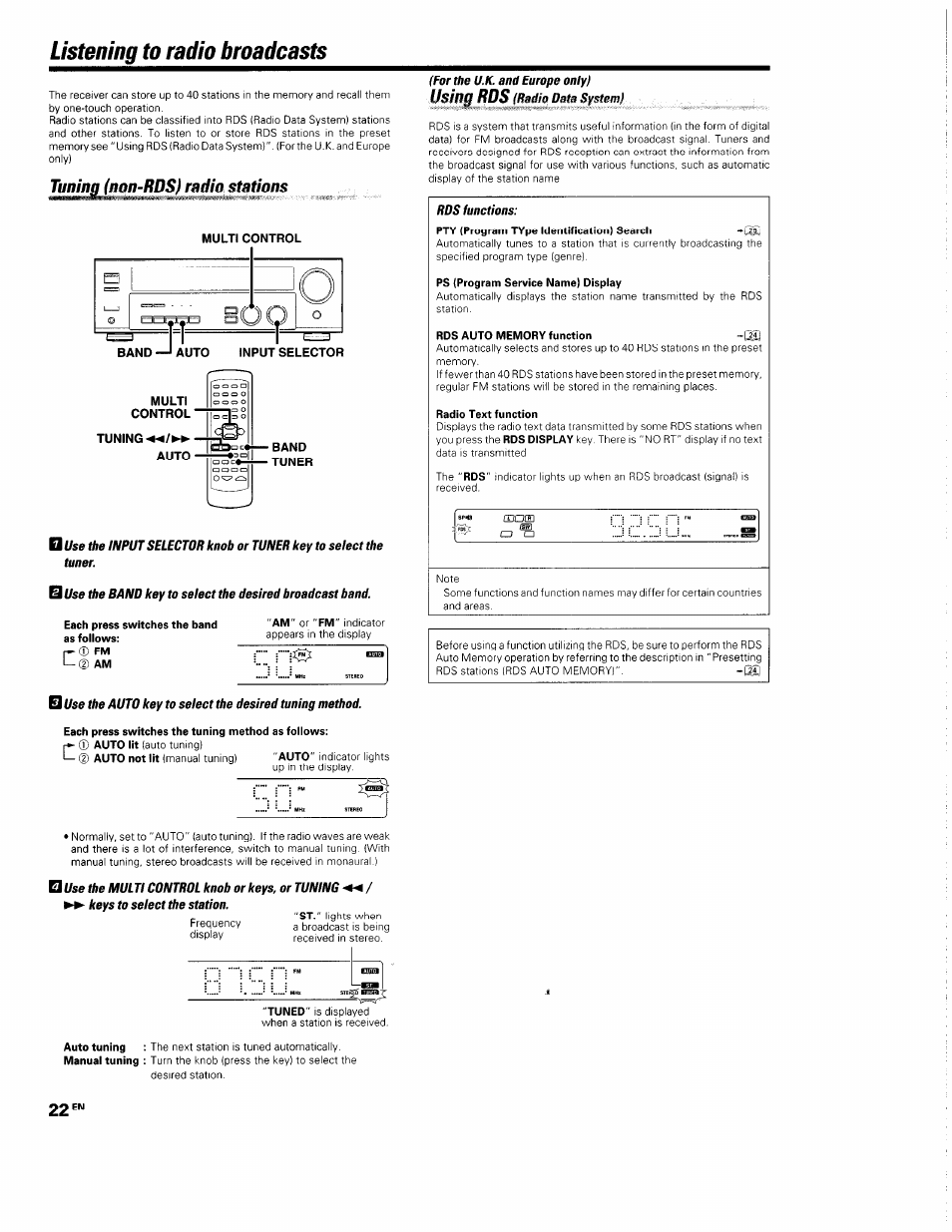 Listening to radio broadcasts, Tuning (non-rds) radio stations, Each press switches the tuning method as follows | For the u.k. and europe only), For the u.k and europe only), Using rds | Kenwood KRF-V5560D User Manual | Page 22 / 40