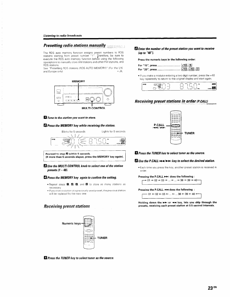 D tune to the station you want to store, Ш press the memory key while receiving the station, Receiving preset stations in order (p.call) | Stations manually, Roceiuing preset stations, Presetting radio, Receiving preset stations in order | Kenwood KRF-V5560D User Manual | Page 23 / 40