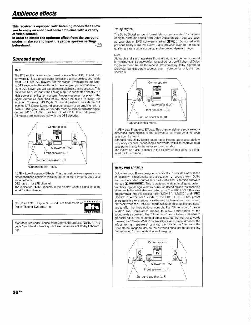 Ambience effects, Surround modes, Dolby digital | Dolby prd logic ii | Kenwood KRF-V5560D User Manual | Page 26 / 40