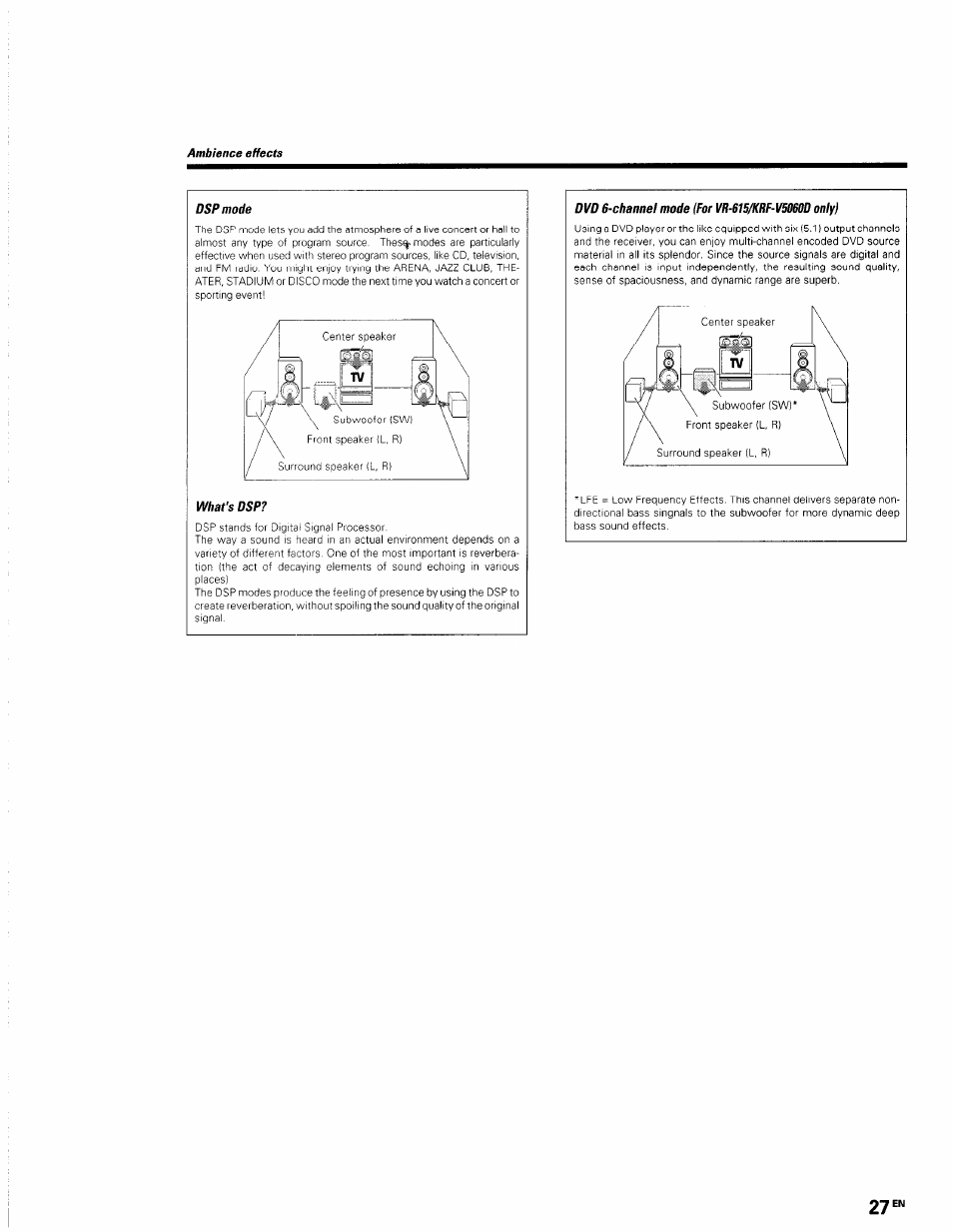 Dsp mode, What's dsp, Dvd 6-channef mode (for vr-b15/krf-vs060d only) | Kenwood KRF-V5560D User Manual | Page 27 / 40