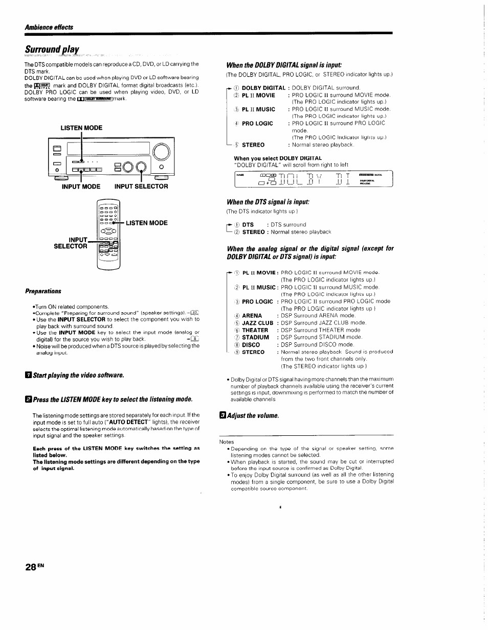 Surround play, When the dolby digital signal is input, Preparations | O start playing the video software, When the dts signal is input, B adjust the volume | Kenwood KRF-V5560D User Manual | Page 28 / 40