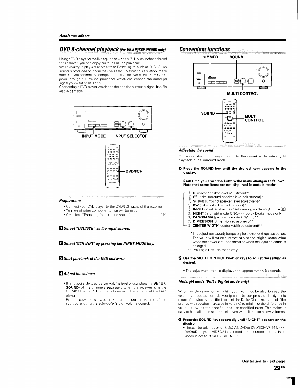 Adjusting the sound, Preparations, Oselect "dvd/6ch" as the input source | Ш select "6chinpt" by pressing the input mode key, Q start playback of the dvd software, Oadjust the volume, Midnight mode (dolby digital mode only), Dvd 6-channel playback, Convenient functions, Оc ^ 3bqbed cю о | Kenwood KRF-V5560D User Manual | Page 29 / 40