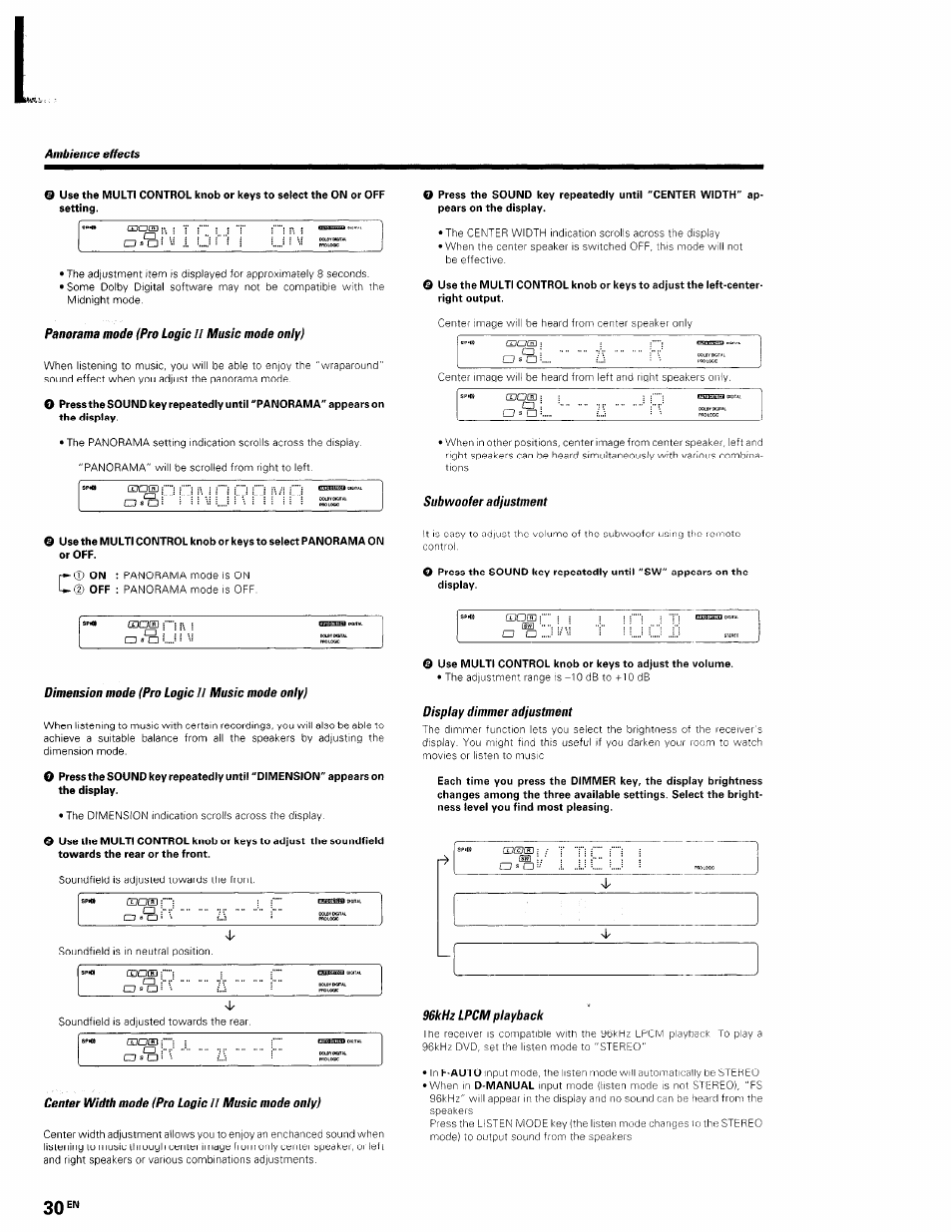 Panorama mode (pro logic ii music mode only), Subwoofer adjustment, Dimension mode (pro logic ii music mode oniy) | Center width mode (pro logic ii music mode oniy), Display dimmer adjustment, 96khz lpcm playback, 8pio, A ........................:v | Kenwood KRF-V5560D User Manual | Page 30 / 40