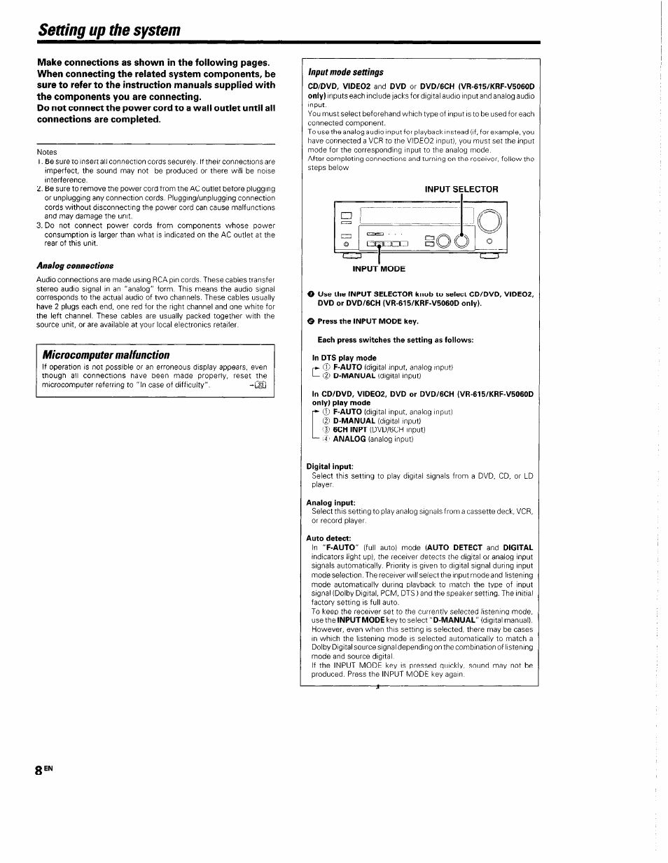 Setting up the system, Analog connections, Microcomputer malfunction | Input mode settings, E press the input mode key, Each press switches the setting as follows, In dts play mode, Digital input, Analog input, Auto detect | Kenwood KRF-V5560D User Manual | Page 8 / 40