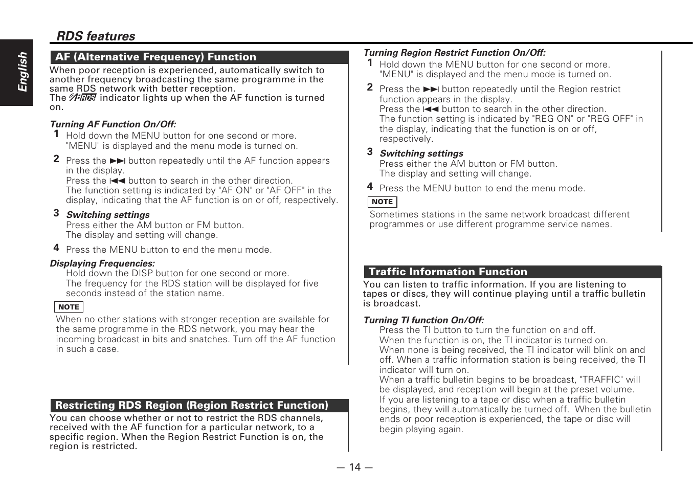 Af (alternative frequency) function, Restricting rds region (region restrict function), Traffic information function | Rds features | Kenwood CD-RECEIVER KDC-6070R User Manual | Page 14 / 40