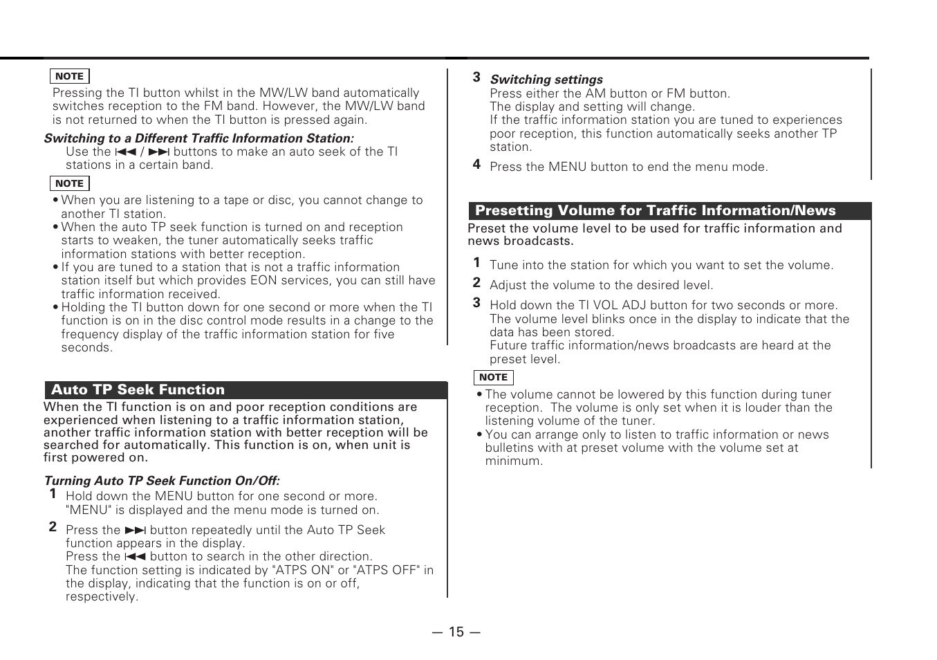 Auto tp seek function, Presetting volume for traffic information/news | Kenwood CD-RECEIVER KDC-6070R User Manual | Page 15 / 40