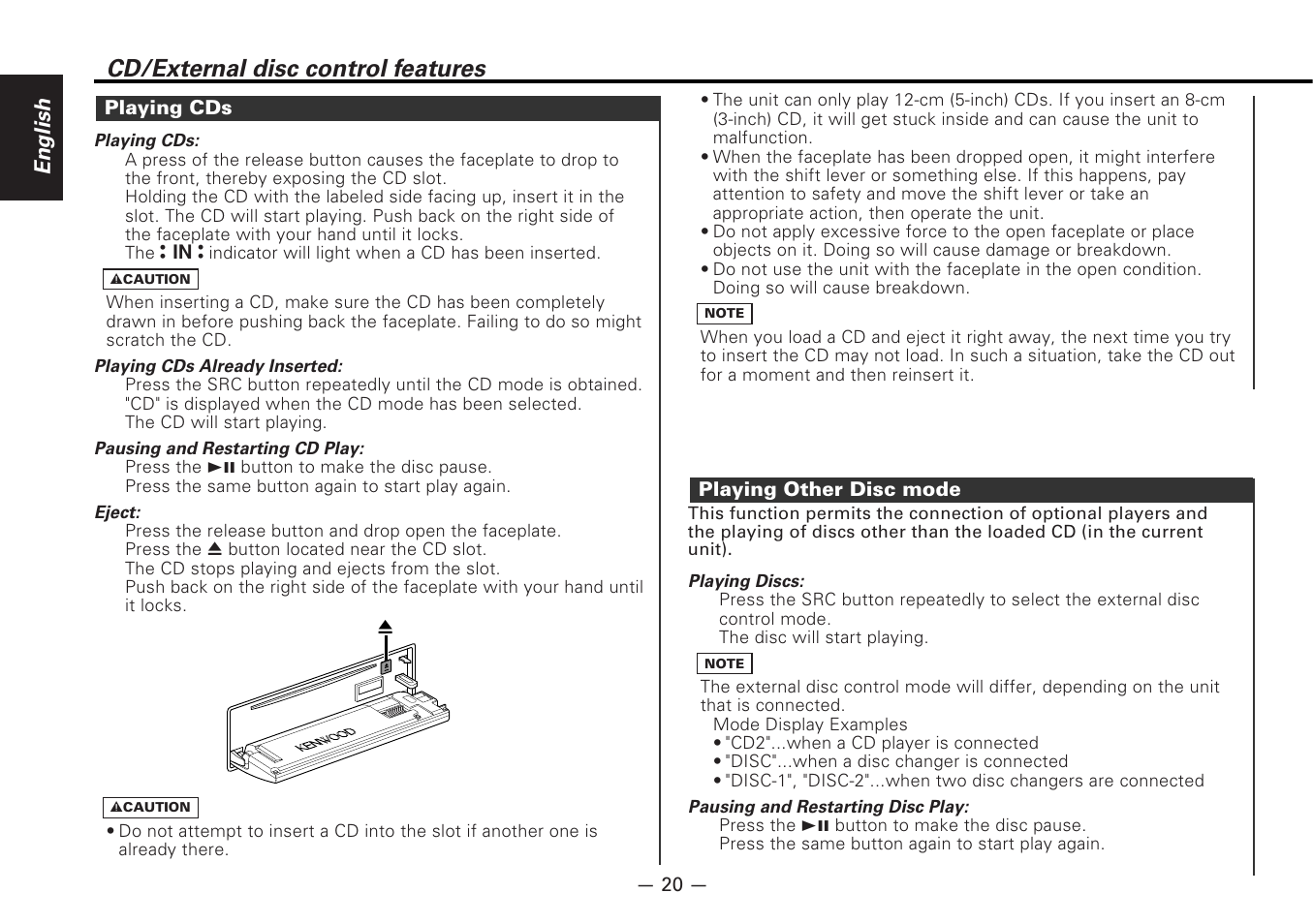 Playing cds, Playing other disc mode, Cd/external disc control features | English | Kenwood CD-RECEIVER KDC-6070R User Manual | Page 20 / 40