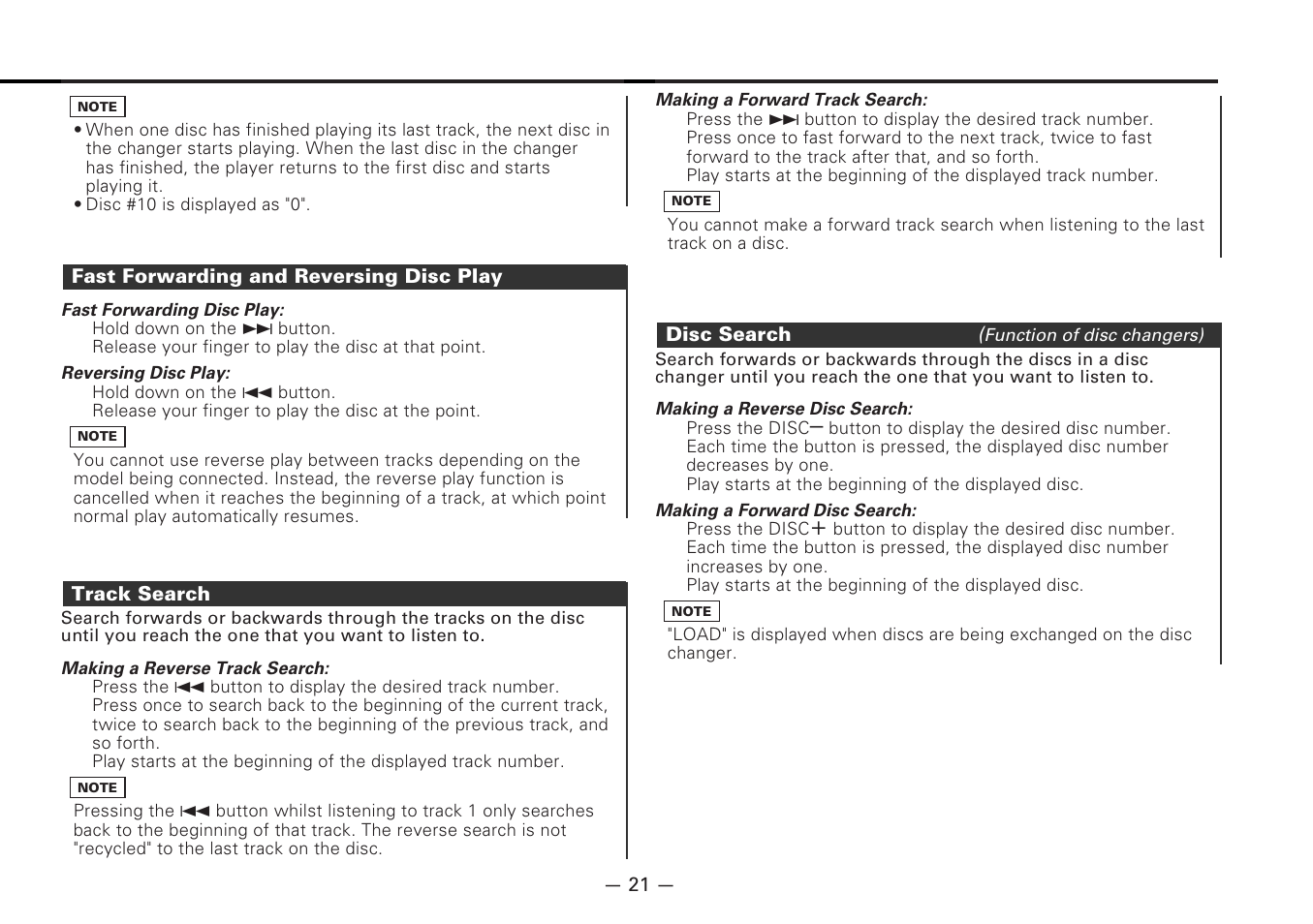 Fast forwarding and reversing disc play, Track search, Disc search | Kenwood CD-RECEIVER KDC-6070R User Manual | Page 21 / 40