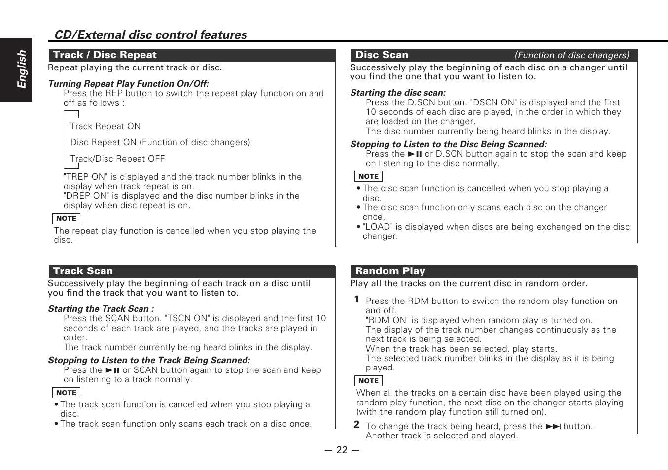 Track / disc repeat, Track scan, Disc scan | Random play, Cd/external disc control features, English | Kenwood CD-RECEIVER KDC-6070R User Manual | Page 22 / 40