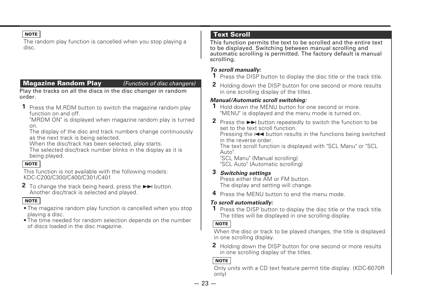 Magazine random play, Text scroll | Kenwood CD-RECEIVER KDC-6070R User Manual | Page 23 / 40