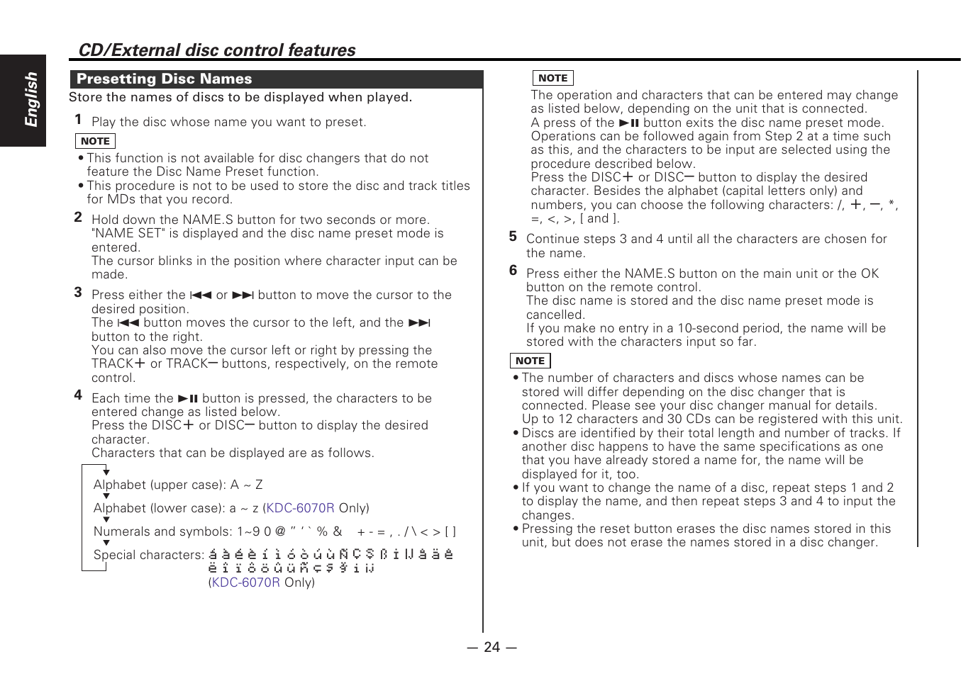 Presetting disc names, Cd/external disc control features | Kenwood CD-RECEIVER KDC-6070R User Manual | Page 24 / 40