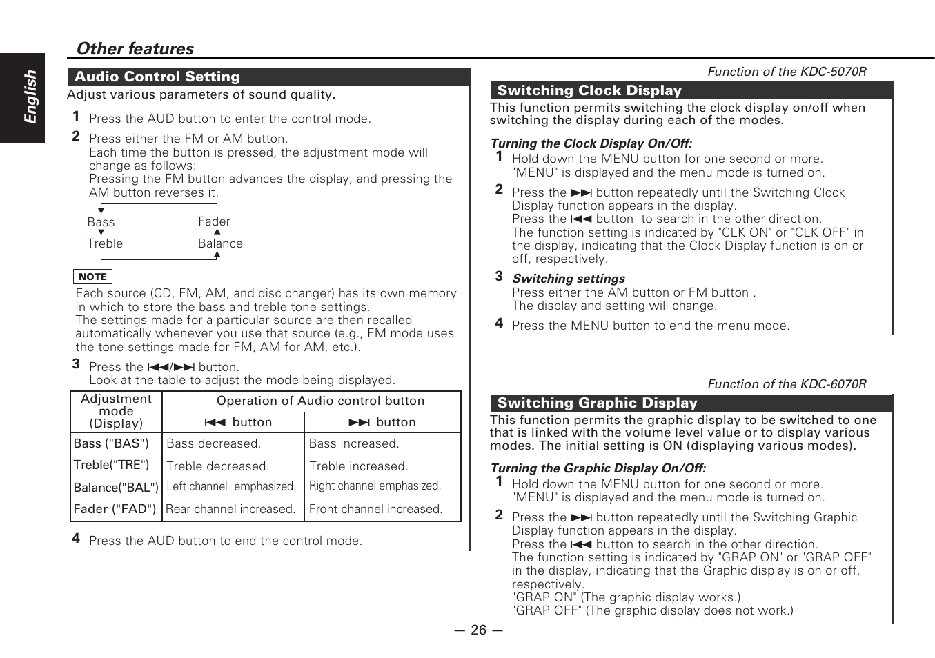 Audio control setting, Switching clock display, Switching graphic display | Other features | Kenwood CD-RECEIVER KDC-6070R User Manual | Page 26 / 40
