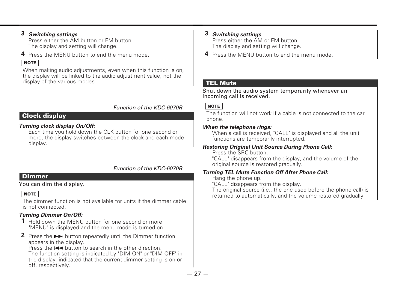 Clock display, Dimmer, Tel mute | Kenwood CD-RECEIVER KDC-6070R User Manual | Page 27 / 40
