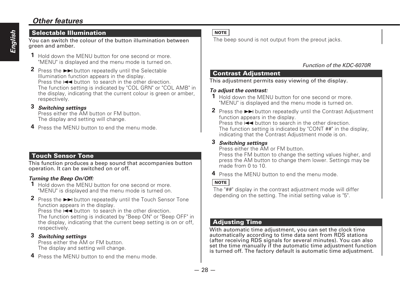 Selectable illumination, Touch sensor tone, Contrast adjustment | Adjusting time, Other features | Kenwood CD-RECEIVER KDC-6070R User Manual | Page 28 / 40