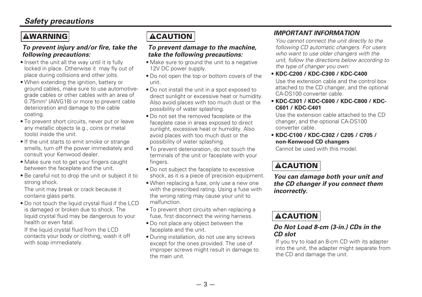 Safety precautions, 2 warning, 2 caution | Kenwood CD-RECEIVER KDC-6070R User Manual | Page 3 / 40