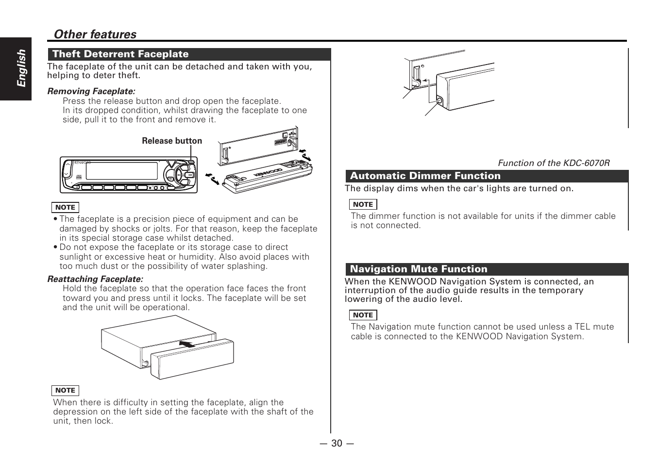 Theft deterrent faceplate, Automatic dimmer function, Navigation mute function | Other features, English | Kenwood CD-RECEIVER KDC-6070R User Manual | Page 30 / 40