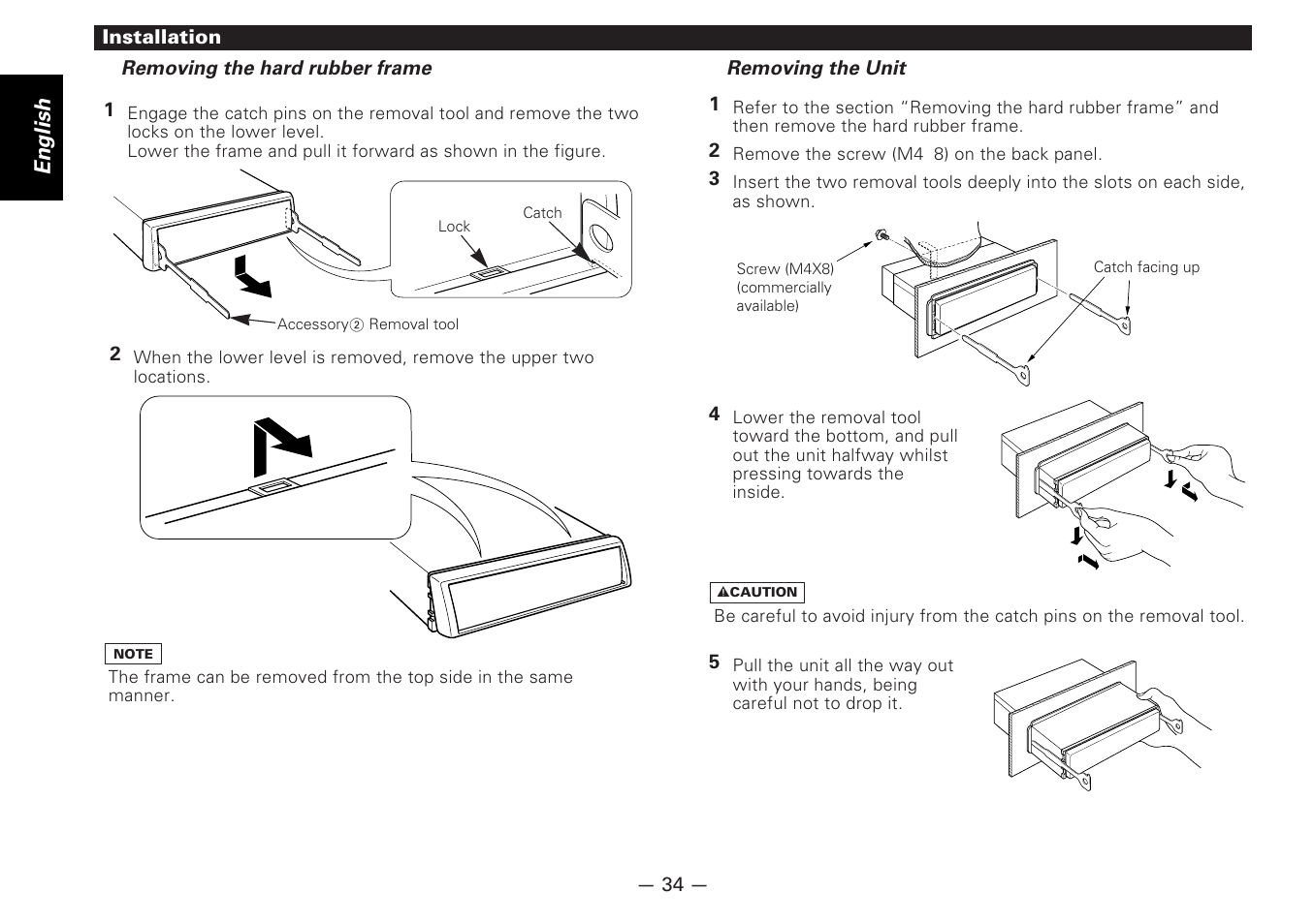 Removing the hard rubber frame, Removing the unit | Kenwood CD-RECEIVER KDC-6070R User Manual | Page 34 / 40