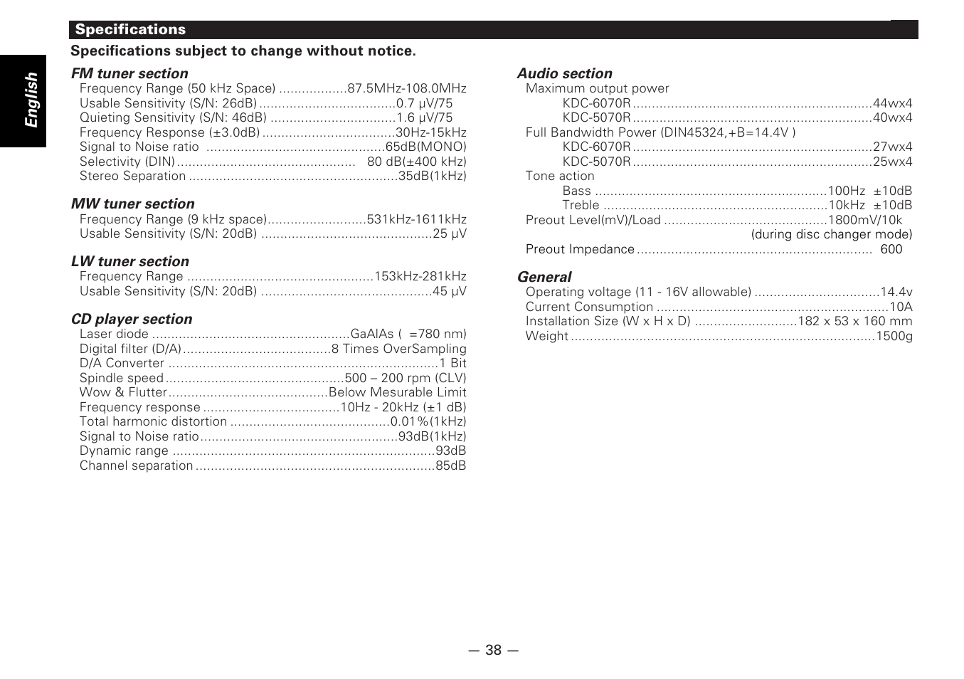 Specifications | Kenwood CD-RECEIVER KDC-6070R User Manual | Page 38 / 40