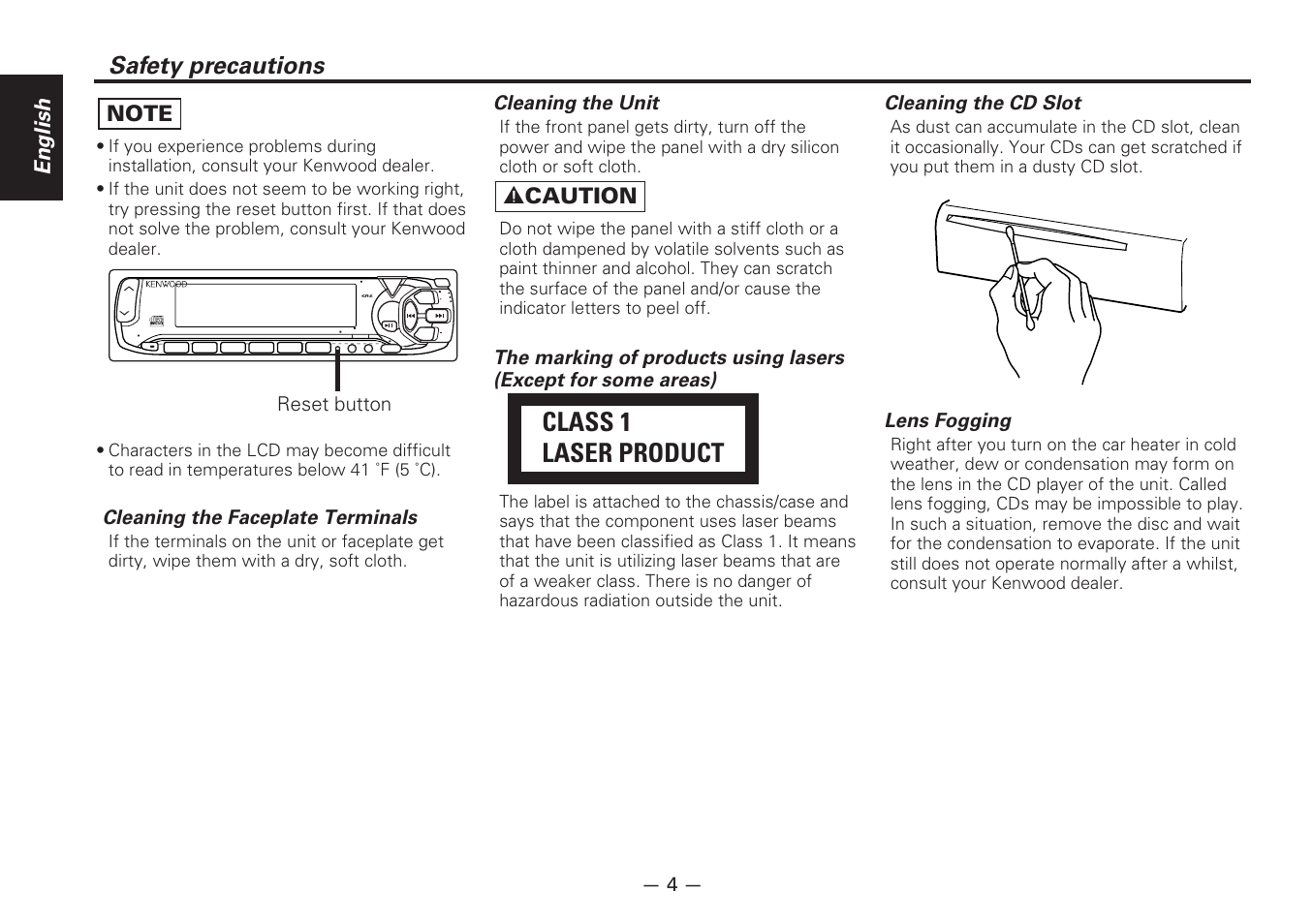 Class 1 laser product, Safety precautions, English | 2 caution, Cleaning the faceplate terminals, Cleaning the unit, Cleaning the cd slot, Lens fogging, T e x t, Reset button | Kenwood CD-RECEIVER KDC-6070R User Manual | Page 4 / 40