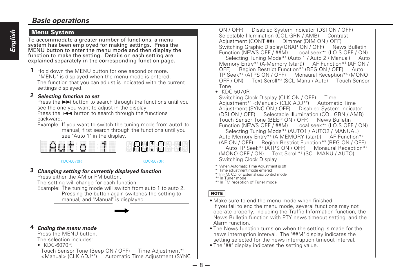 Menu system, Auto 2 manual, Basic operations | English | Kenwood CD-RECEIVER KDC-6070R User Manual | Page 8 / 40