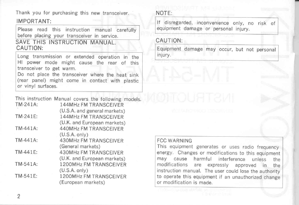 Important, Save this instruction manual. caution, Note | Caution | Kenwood TM-441A User Manual | Page 2 / 59