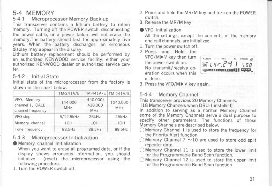 4 memory, 4-2 initial state, 4-3 microprocessor initialization | 4-4 memory channel | Kenwood TM-441A User Manual | Page 21 / 59