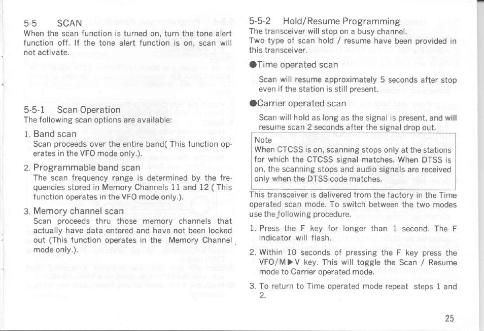 5 scan, 5-1 scan operation, Band scan | Programmable band scan, Memory channel scan, Time operated scan, Carrier operated scan, Memory channel recall, Scan operation, Band scan programmable band scan | Kenwood TM-441A User Manual | Page 25 / 59