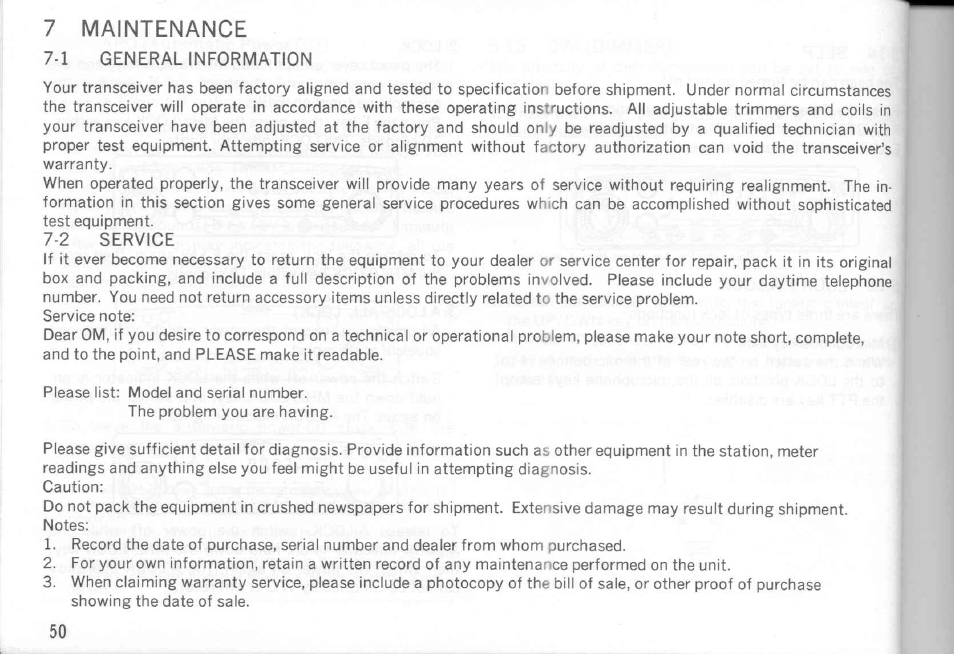 7 maintenance, 1 general information, 2 service | Maintenance | Kenwood TM-441A User Manual | Page 50 / 59