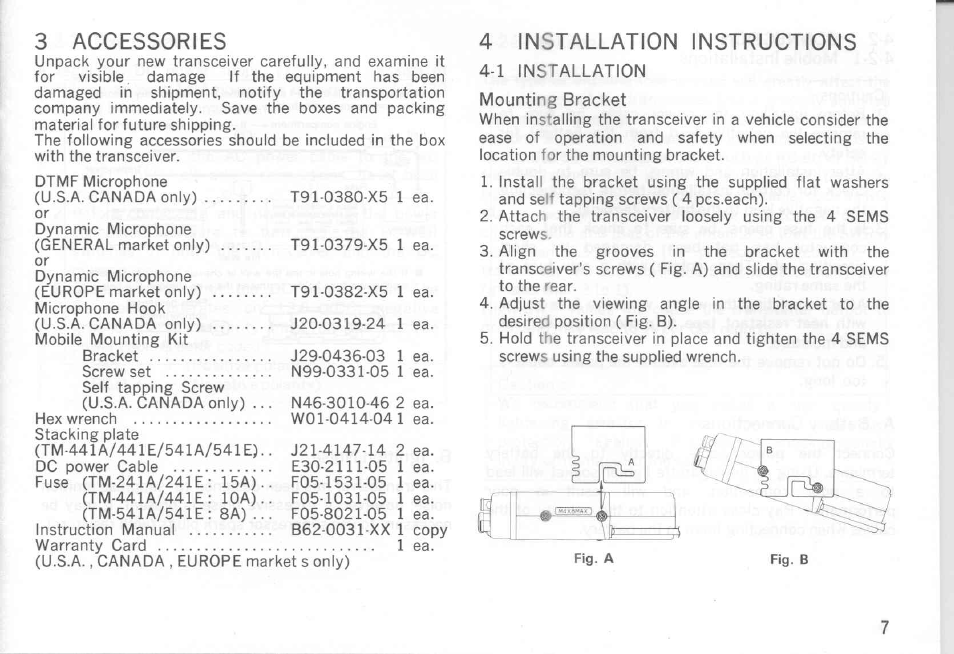 3 accessories, 4 installation instructions, 1 installation mounting bracket | Accessories, Installation instructions, 3accessories, 4installation instructions | Kenwood TM-441A User Manual | Page 7 / 59