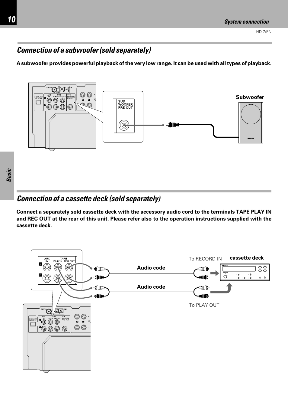 Connection of a subwoofer (sold separately), Connection of a cassette deck (sold separately), Basic | System connection, Audio code, Cassette deck, Subwoofer | Kenwood HD-7 User Manual | Page 10 / 44