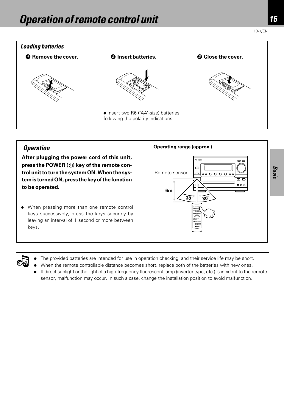 Operation of remote control unit, Operation | Kenwood HD-7 User Manual | Page 15 / 44