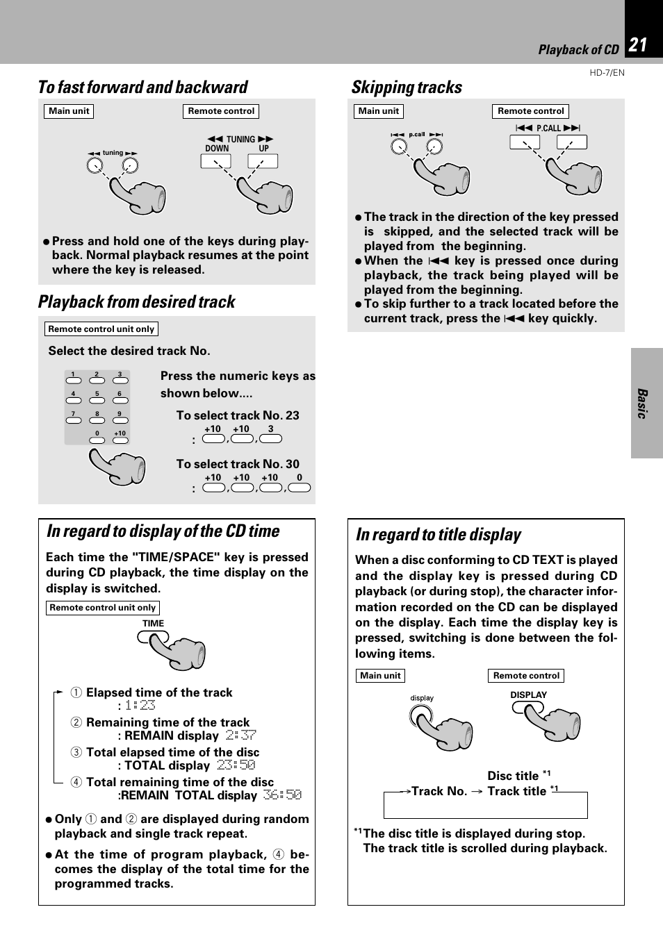 Skipping tracks, Playback from desired track, Basic | Playback of cd | Kenwood HD-7 User Manual | Page 21 / 44