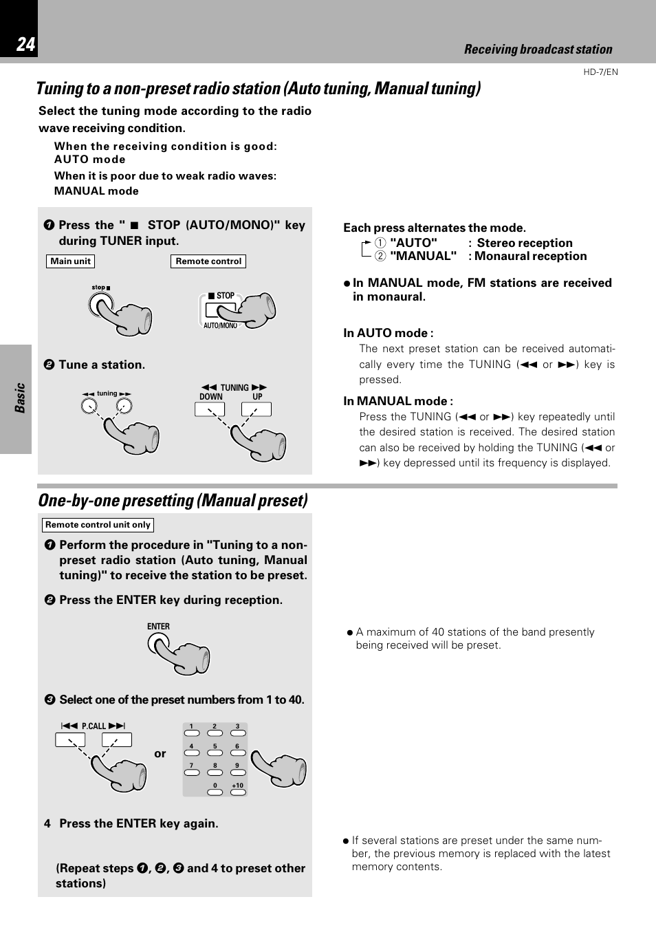 One-by-one presetting (manual preset), Basic, Receiving broadcast station | Kenwood HD-7 User Manual | Page 24 / 44