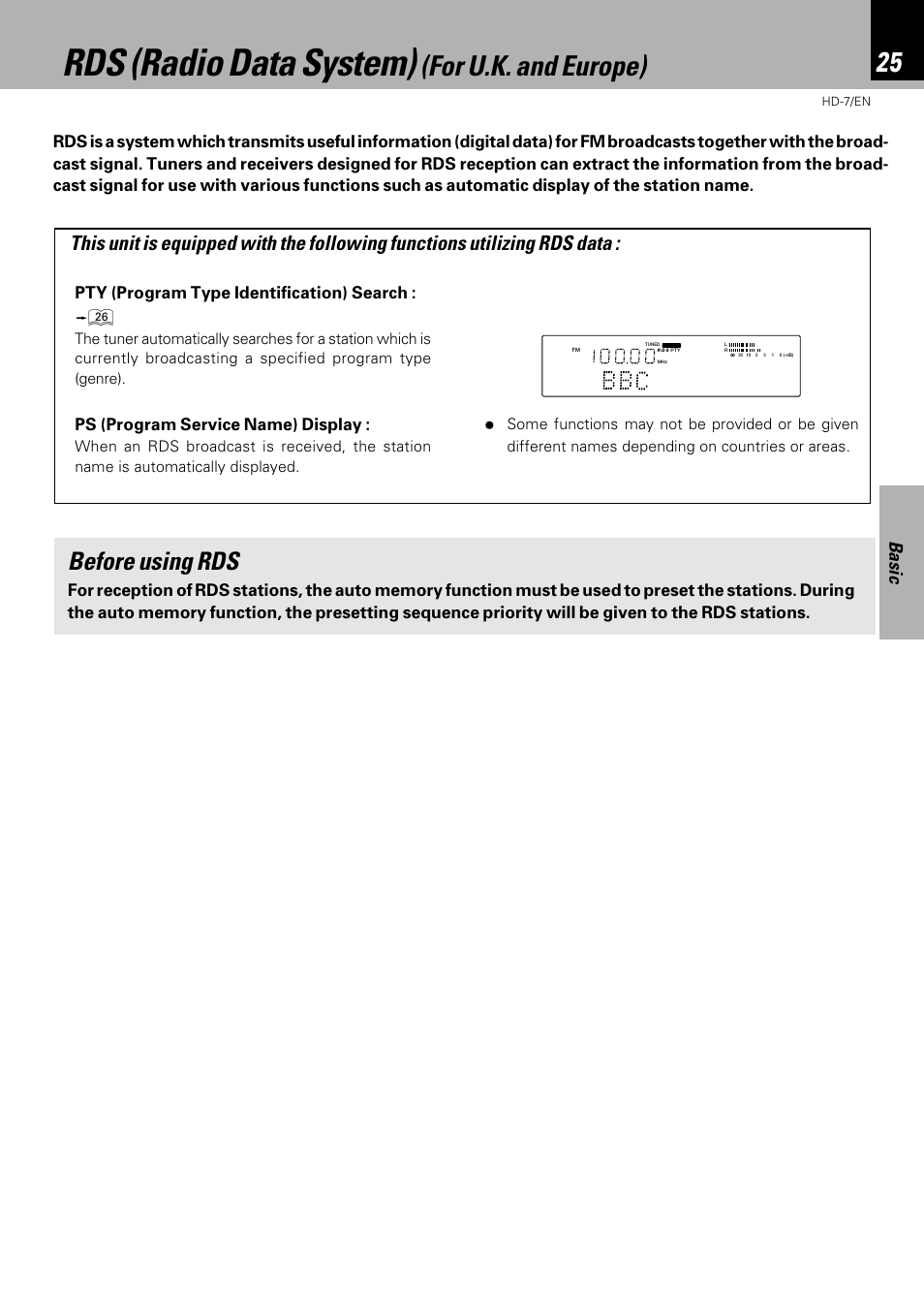 Rds (radio data system) (for u.k. and europe), Rds (radio data system), For u.k. and europe) | Before using rds, Basic, Pty (program type identification) search, Ps (program service name) display | Kenwood HD-7 User Manual | Page 25 / 44