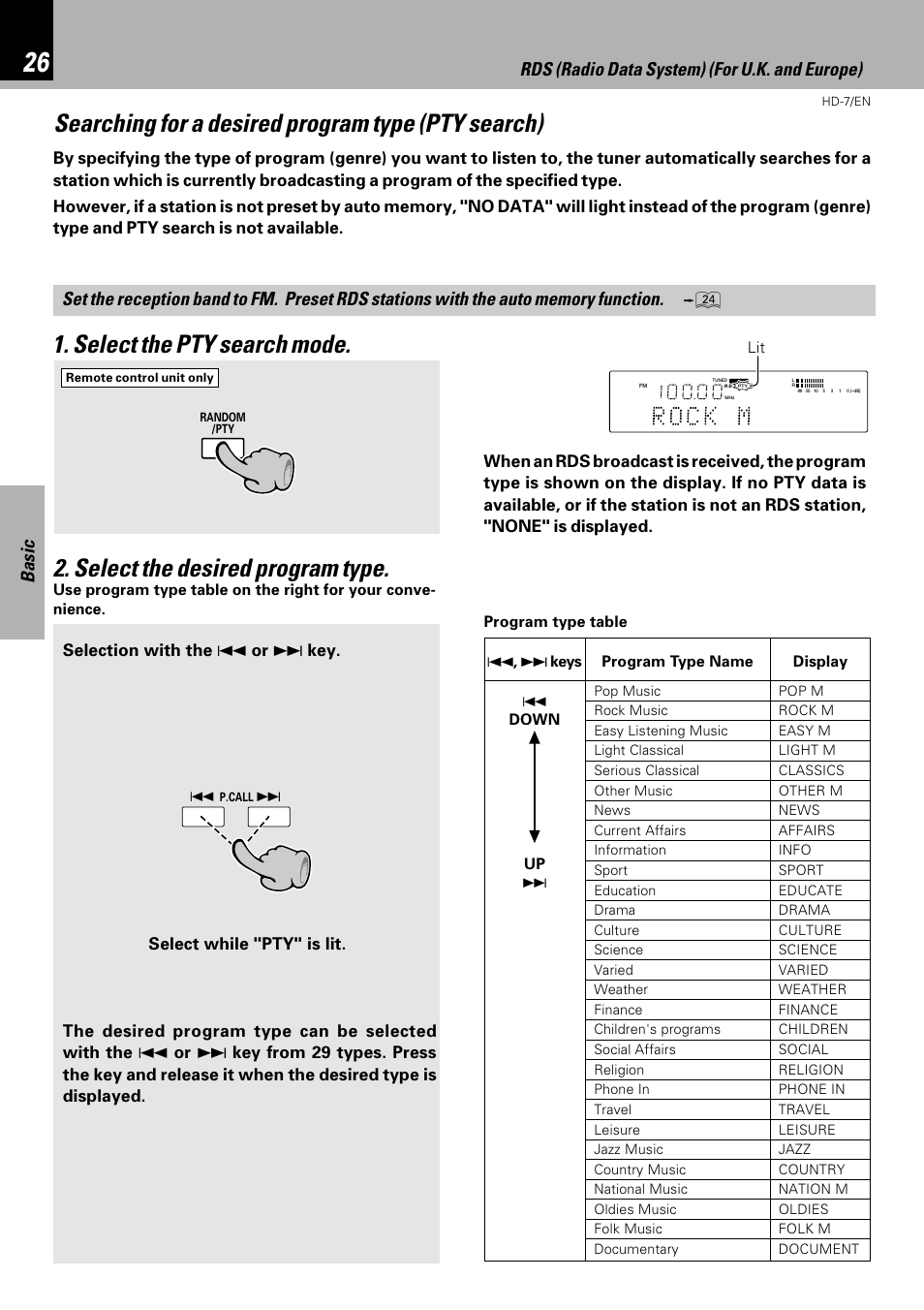 Searching for a desired program type (pty search), Basic, Rds (radio data system) (for u.k. and europe) | Kenwood HD-7 User Manual | Page 26 / 44