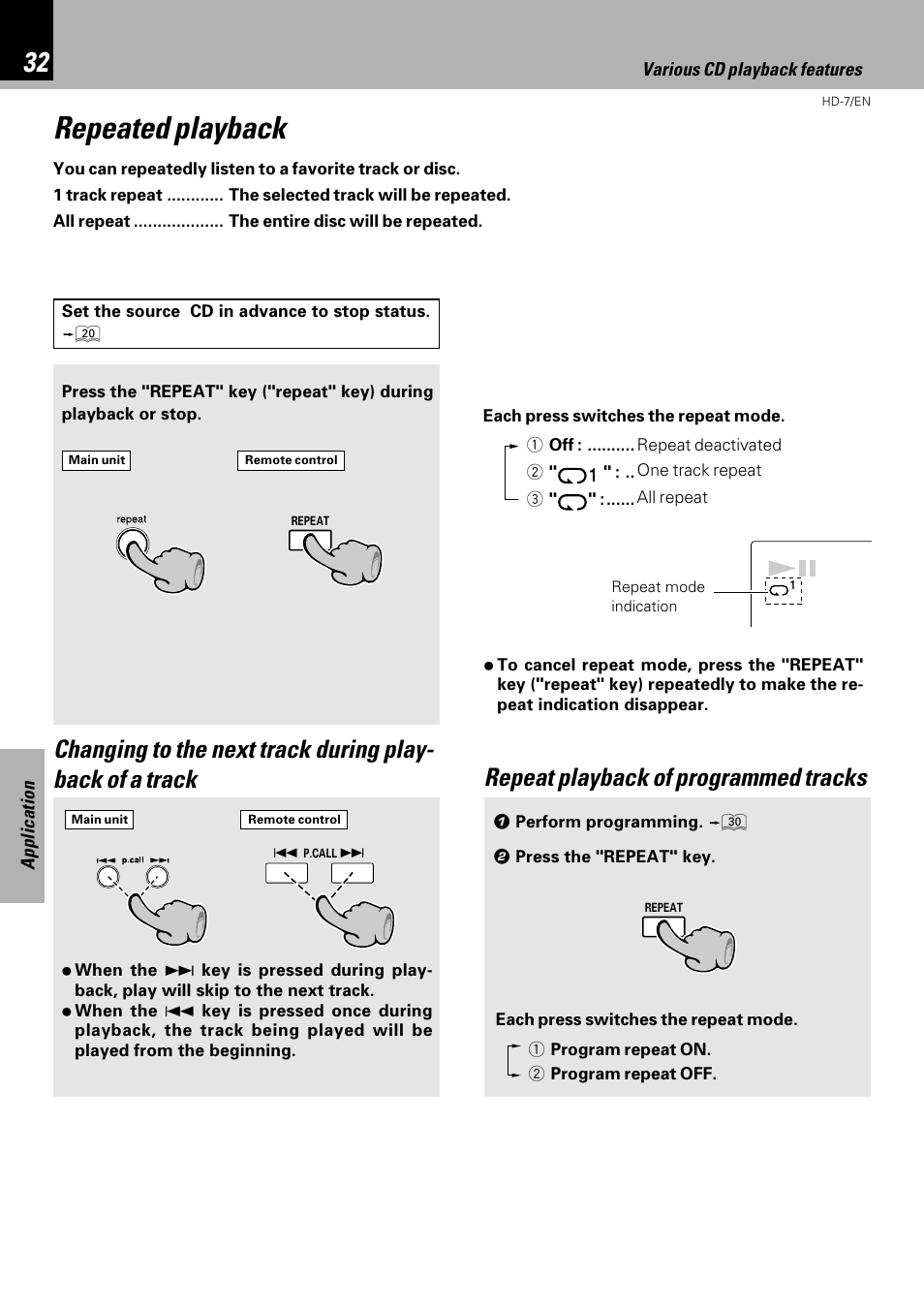 Repeated playback, Repeat playback of programmed tracks | Kenwood HD-7 User Manual | Page 32 / 44