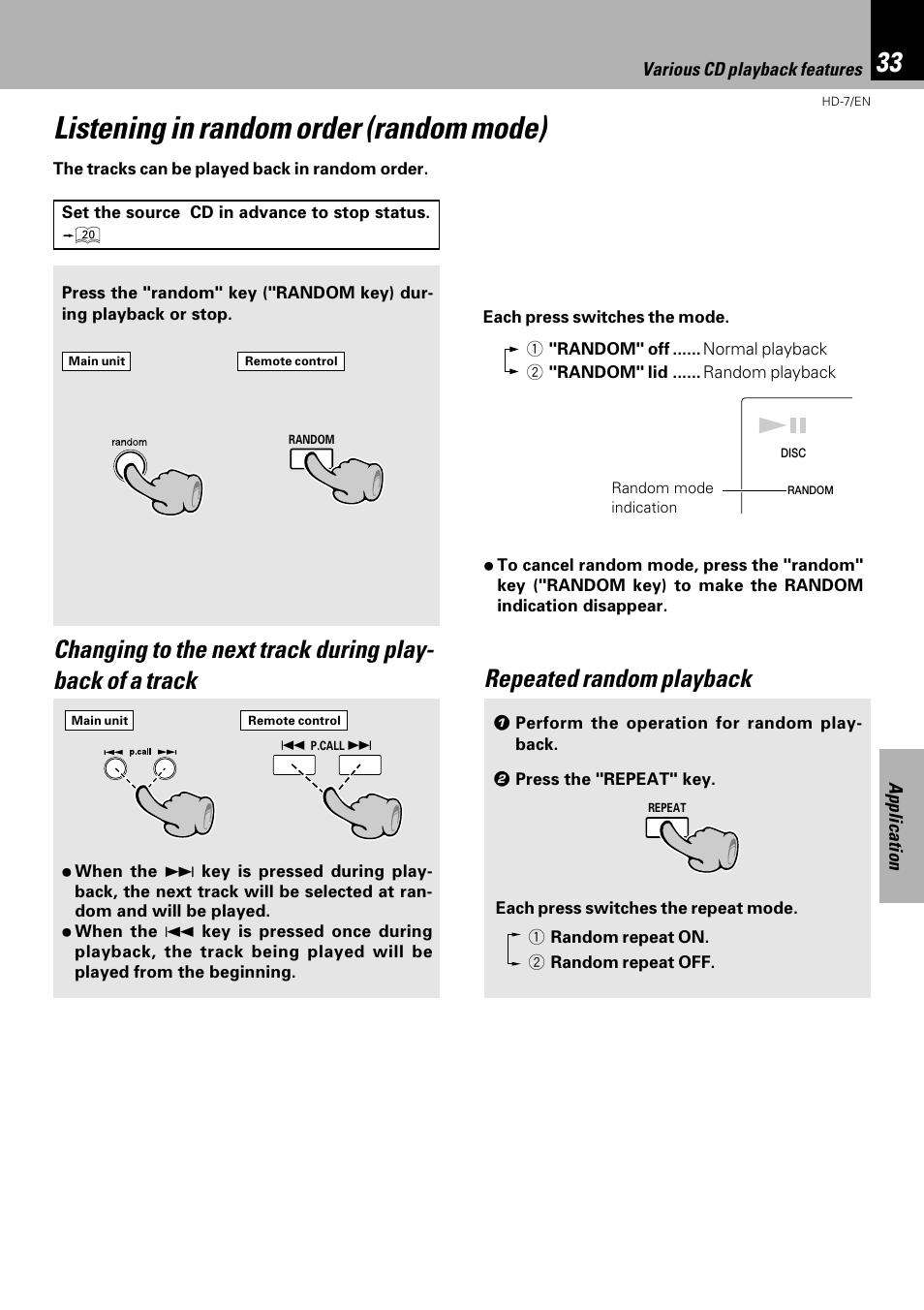 Listening in random order (random mode), Repeated random playback | Kenwood HD-7 User Manual | Page 33 / 44