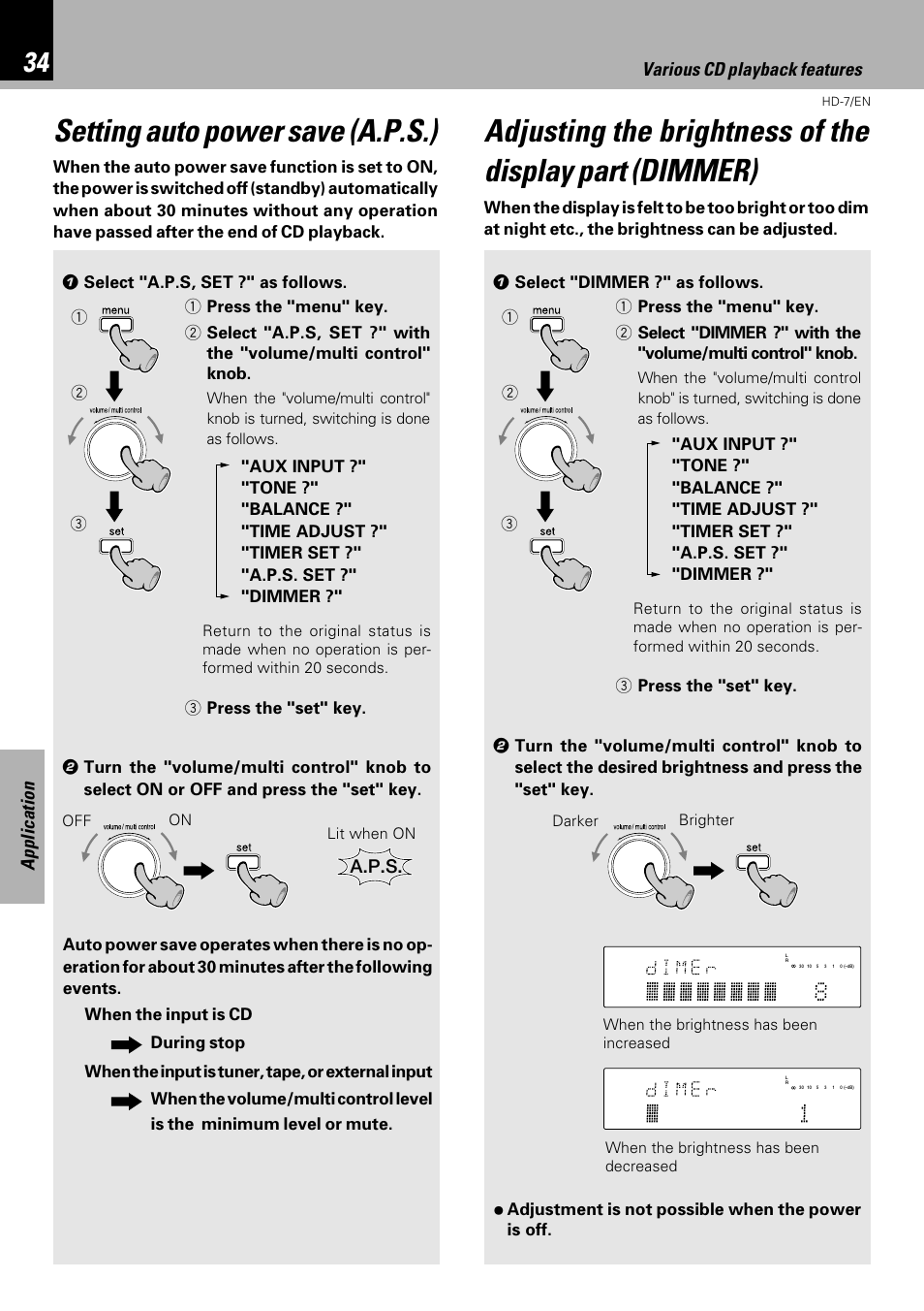 Setting auto power save (a.p.s.), Application, A.p.s | Various cd playback features | Kenwood HD-7 User Manual | Page 34 / 44