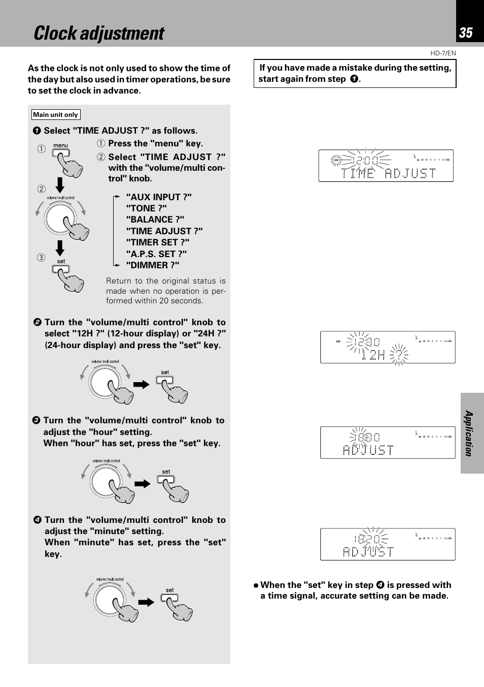 Clock adjustment, Application | Kenwood HD-7 User Manual | Page 35 / 44