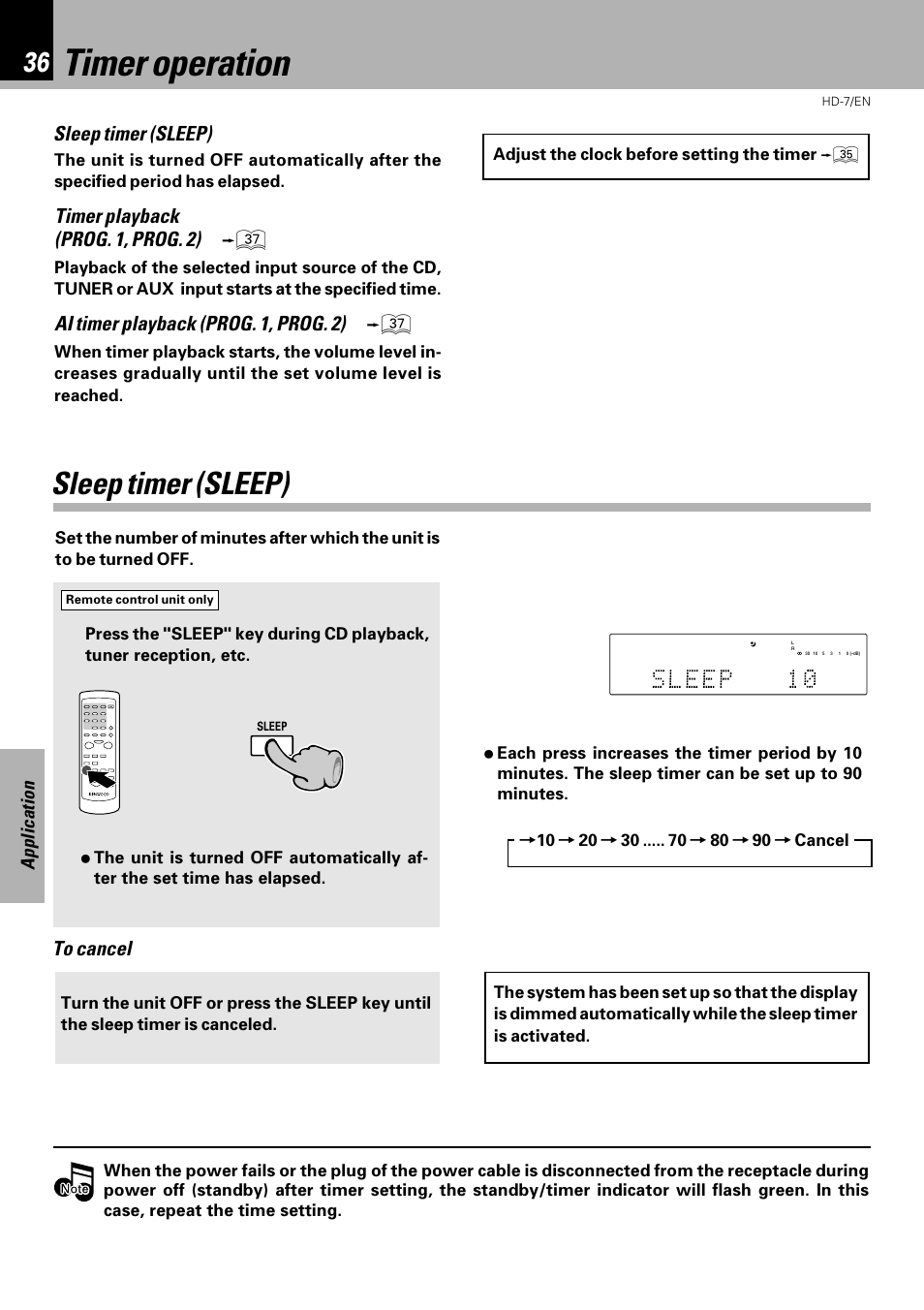 Timer operation, Sleep timer (sleep), Timer playback (prog. 1, prog. 2) | Ai timer playback (prog. 1, prog. 2) | Kenwood HD-7 User Manual | Page 36 / 44